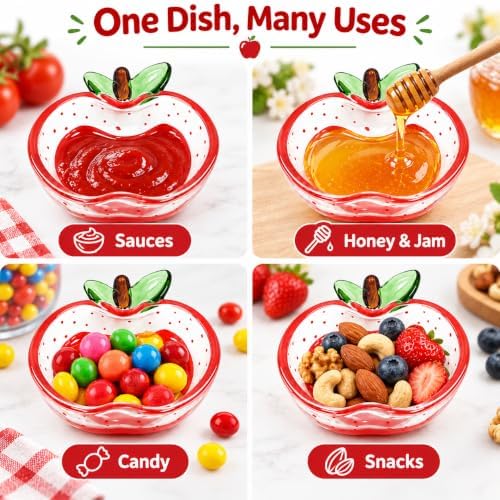 Apple Shaped Glass Dipping Dishes Set of 4, Mini Sauce Dishes Honey