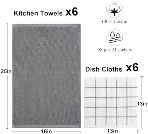 12 Pack Kitchen Towels and Dishcloths Set, 100% Cotton Soft and