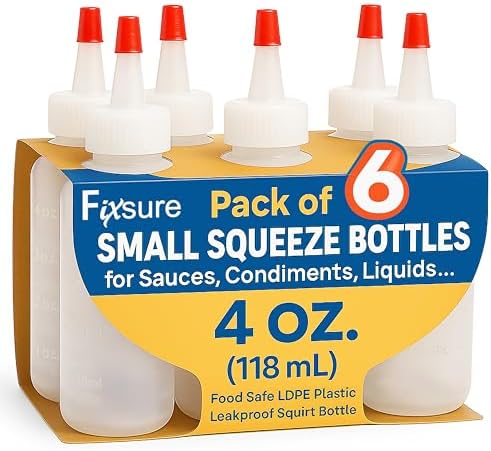 FIXSURE Plastic Squeeze Bottles with Red Tip Cap, 4 Oz Squirt Bottle