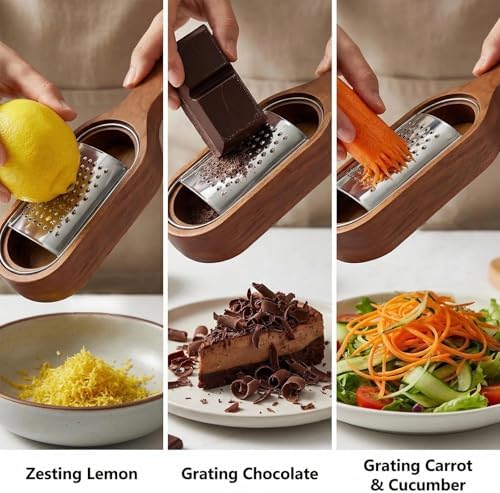 Handheld Cheese Grater with Wooden Container, Stainless Steel Grater