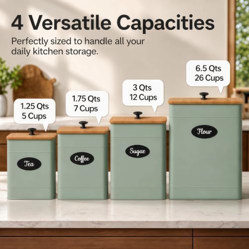 Canister Set for Kitchen Countertop, 4 Airtight Metal Canisters Sage