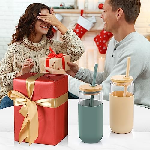 20 OZ Glass Cups with Bamboo Lids and Straws - Beer Can Drinking