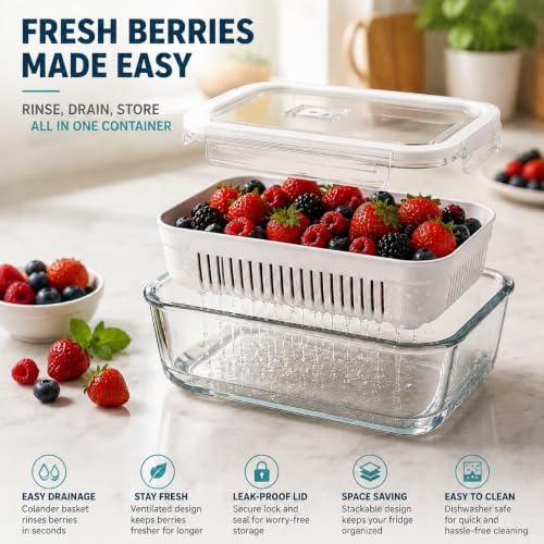 Glass Berry Containers for Fridge, 5 Pack