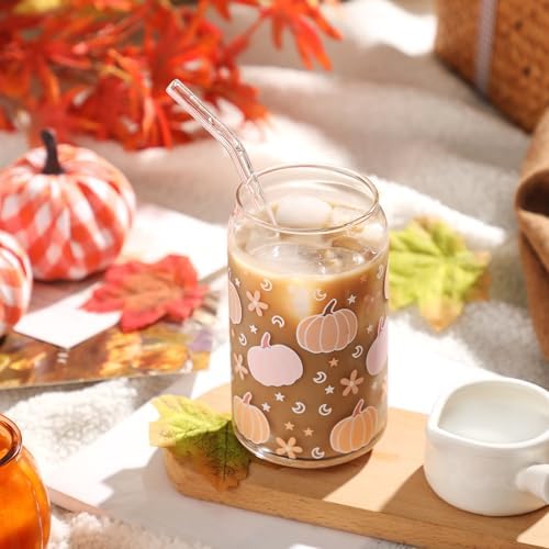 Fall Pumpkin Glass Cups 16oz Iced Coffee Glass Cup with Lid and Straw