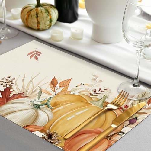 Bonhause Pumpkin Leaves Fall Placemats Set of 4, 12x18 Inch Autumn