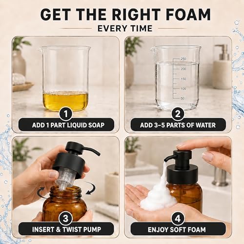 Amber Glass Foaming Soap Dispenser, 2 Pack, 8.5 Oz, Refillable
