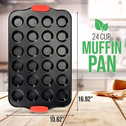 NutriChef 24-Cup Nonstick Mini Muffin Pan with Red Silicone Handles