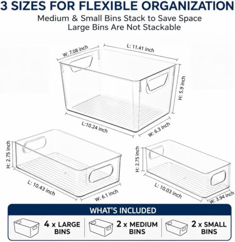 8 Pack Clear Plastic Storage Bins, 3 Sizes: 4L+2M+2S