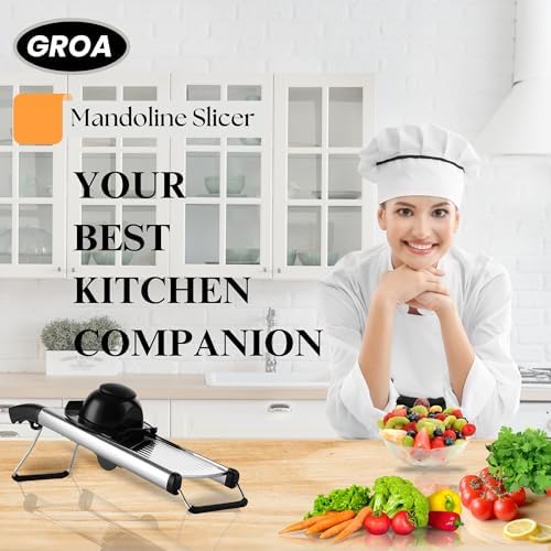 Groa Adjustable Mandoline Slicer for Kitchen– French Fry Cutter, Potato Slicer Vegetable Slicer Tomato Slicer in Kitchen Essentials with Resistant Gloves- Stainless Steel Mandolin vegetable cutter
