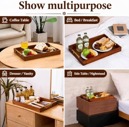 Acacia Wood Serving Tray with Gold Handles – Coffee Table & Ottoman
