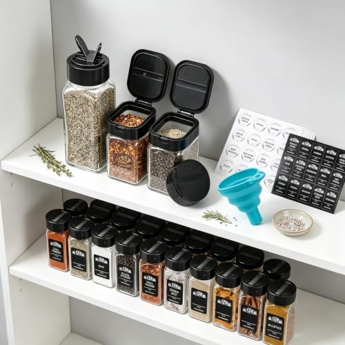 30 Pack Glass Spice Jars Square Glass Bottles with Black Caps, 4Oz