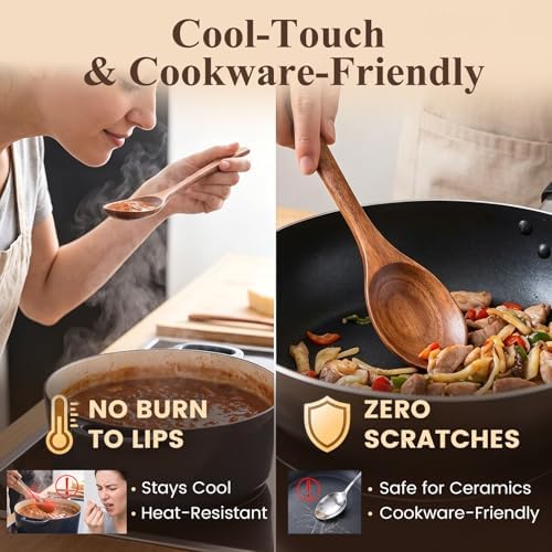 HAKSEN Wooden Spoons for Eating, 8.2 Inch Wood Mixing Soup Spoon with