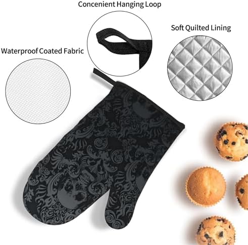 Victorian Gothic Black Skull Damask Oven Mitts and Pot Holders Sets of