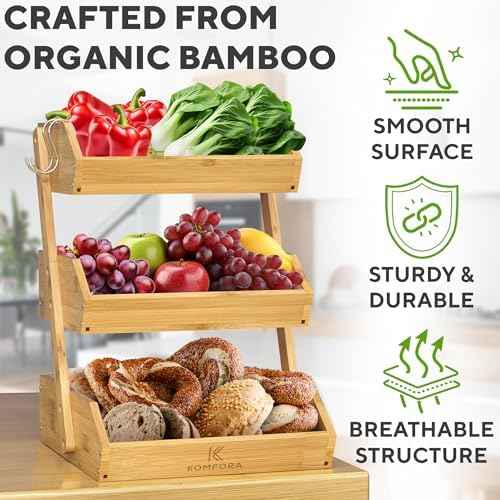 KOMFORA Bamboo 3 Tier Fruit Basket, Produce Basket for Kitchen Counter