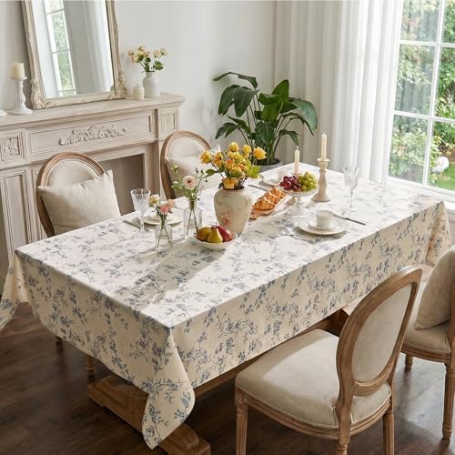 jinchan Blue Farmhouse Floral Linen Rectangle Table Cloth 52 x 70 Inch