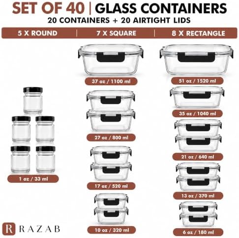 Razab 40-Piece Borosilicate Glass Food Storage Containers with Lids