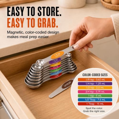 Magnetic Measuring Spoons Set, 8 Piece Color Coded Stainless Steel