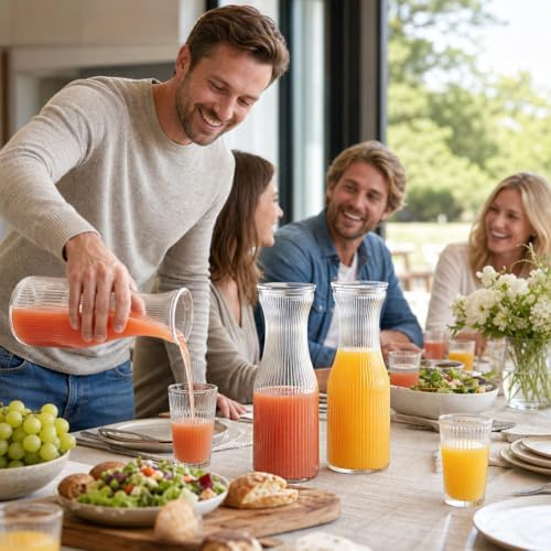 INSETLAN 1 Liter Ribbed Glass Carafe with Lids, Set of 4 Juice