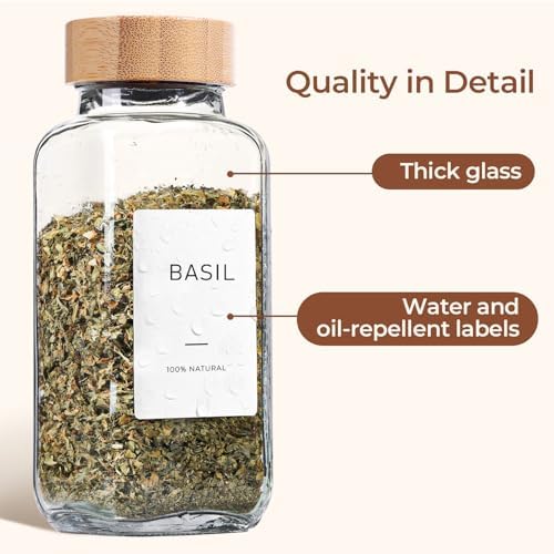 ComSaf Glass Spice Jars with Labels 8 oz 6 Pack Bamboo Lids