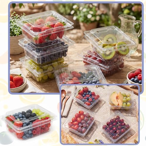 Threehoney 100 Clear Plastic Berry Containers Vented, 5.3×4.7×2.4 Inch