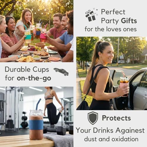 ColoVie Glass Cups with Lids and Straws, Iced Coffee Cup, Drinking