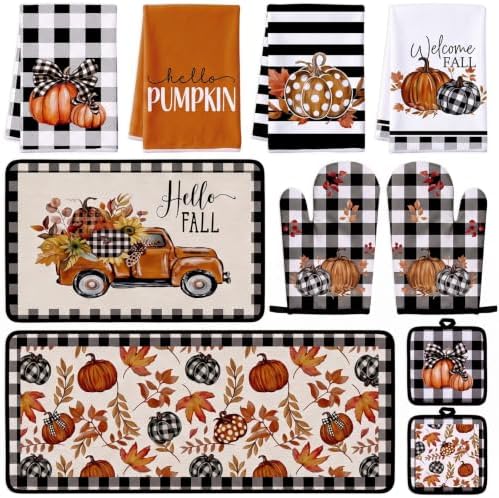 10 Pcs Fall Kitchen Decor Set, Black and White Fall Pumpkin Microfiber
