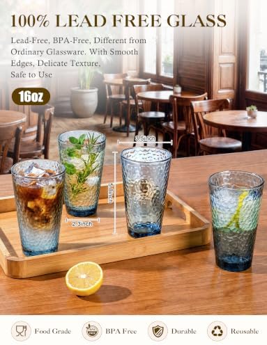 Amyoole Drinking Glasses Set of 8, 16oz Blue Hammered Glass Cup for