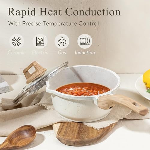 CAROTE Nonstick 1.5Qt & 3.0Qt Sauce Pan Sets with Lid, White