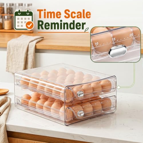 60 Egg Holder for Fridge Clear 2 Layers Egg Tray with Date Tracker