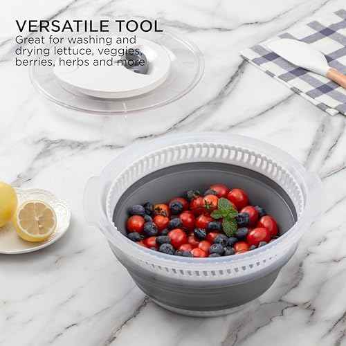 COOK WITH COLOR Collapsible Salad Spinner - 4 QT Space Saving Lettuce Dryer with Folding Collapsible Colander Great for Washing and Drying Fruit and Vegetables (Grey)