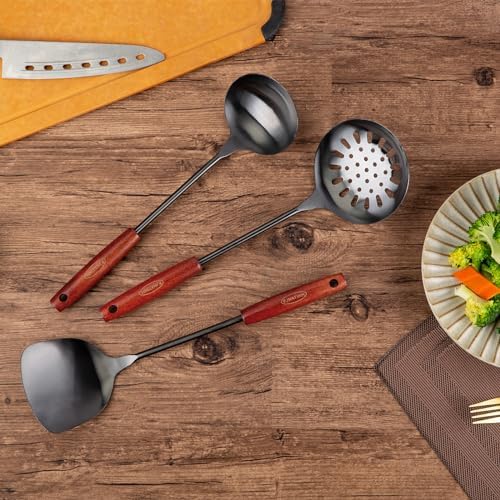 FJNATINH 17inches Black Wok Spatula and Ladle Set