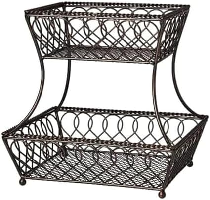 Gourmet Basics by Mikasa Loop and Lattice 2-Tier Rectangular Metal Countertop Basket, 14.25 x 12 Inches, Antique Black Finish, Kitchen Fruit and Bread Storage Organizer