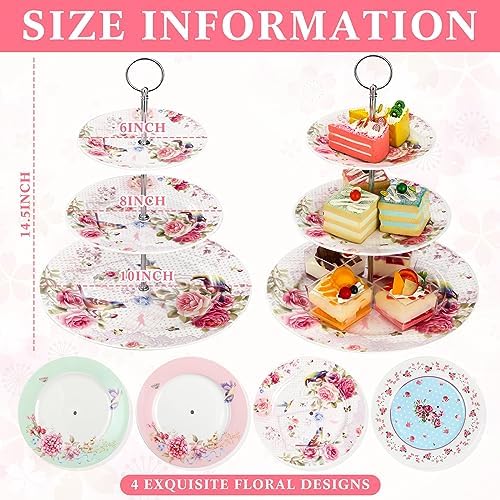 Dandat 4 Pcs 3 Tier Tea Party Cake Stand Floral Ceramic Cupcake