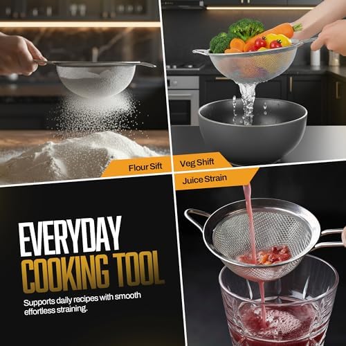 ELEEN Premium Stainless Steel Fine Mesh Strainers for Kitchen 3-Piece