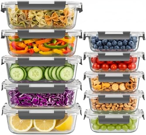 Dealusy 10 Sets Glass Food Storage Containers, Gray