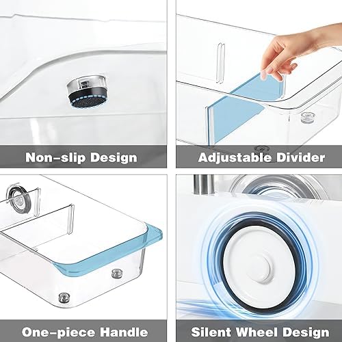 MANO 2 Pack Divided Rolling Refrigerator Tray Clear Roll Out Fridge