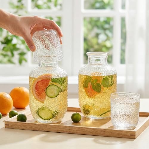 AVLA 4 Pcs Bedside Water Carafe and Glass Tumblers, 20 OZ Clear