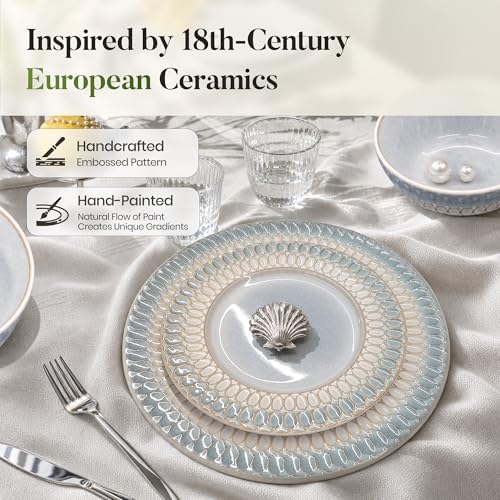 Kitchen Academy 32pcs Stoneware Plates and Bowls Set for 8, Blue