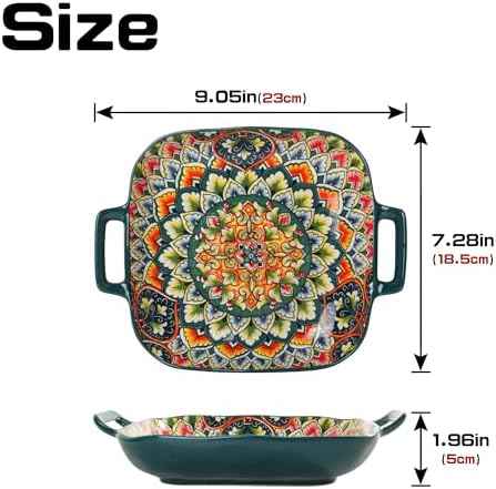 Ceramic Serving Platter with Handles, Set of 2, Bohemian Ceramic Plate,Square Dinner Plate,Colorful Salad Dish,Retro Fruit Plate (Green + Orange)