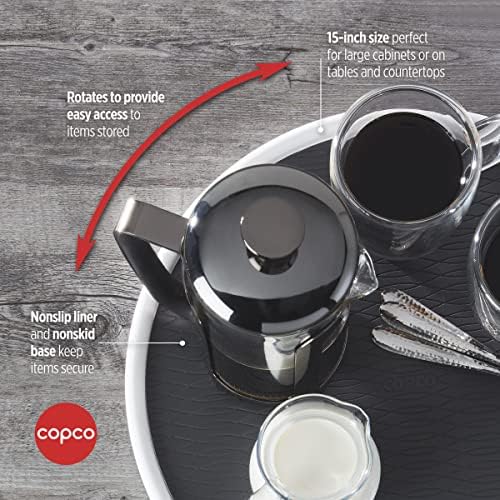 Copco 15 Inch Non-Skid Lazy Susan Turntable Organizer for Cabinet, Pantry, Refrigerator - Charcoal Gray, Smooth-Glide Ball Bearings, Raised Rim