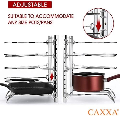CAXXA Heavy Duty Pan Rack, Pot Lid Rack, Kitchen Cabinet Pantry Cookware Organizer Rack Holder with 5 Adjustable Dividers, Chrome