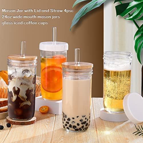 Iced Coffee Cups with Lids,Glass Cups with Lids and Straws,4 Coffee