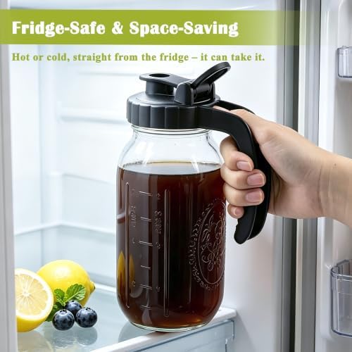 Glass Pitcher with Lid 64OZ Mason Jar Pitcher with Ergonomic Handle