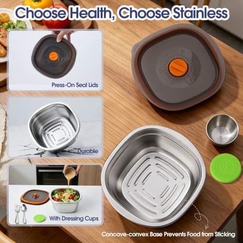 2 Pack Stainless Steel Salad Bowls To Go for Lunch & Meal Prep, 50oz
