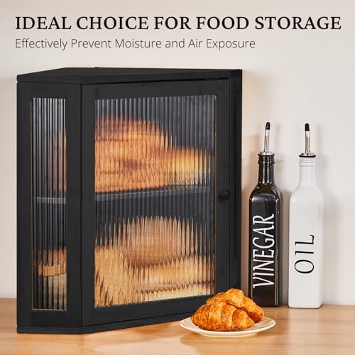 BRONYPRO Corner Bread Box for Kitchen Countertop, Extra Large 2-Tier Bamboo Bread Box with Adjustable Shelfr(Extra Large Black)