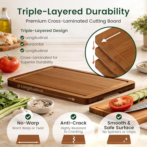 Bamboo Cutting Board Set of 3 with Holder for Compact Kitchens &