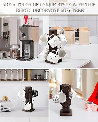 PUERSI Coffee Mug Holder for Counter, Rustic Solid Wood Mug Tree