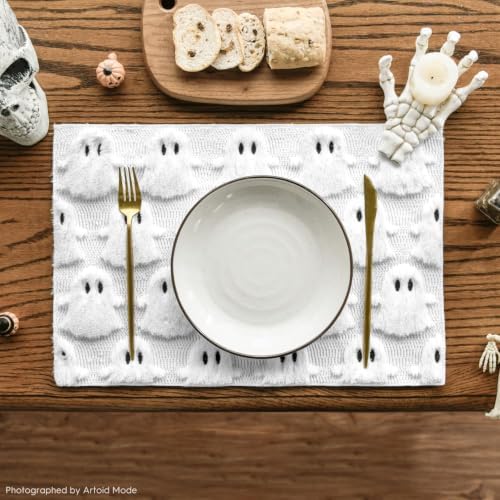 Artoid Mode White Ghost Halloween Placemats Set of 4, 12x18 Inch Soft