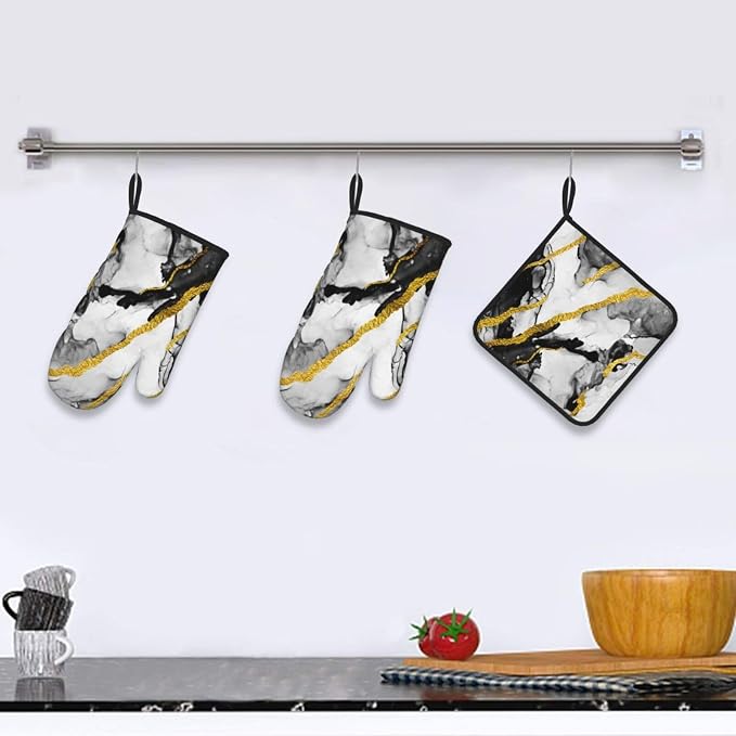 Black White Marble with Gold Stripes Oven Mitts and Pot Holders Set of 3 - Image 5