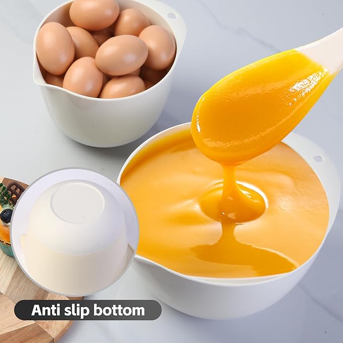 3 Plastic Mixing Bowls with Pour Spout, Lids and TPR Non-Slip Bottom, Small - Image 3
